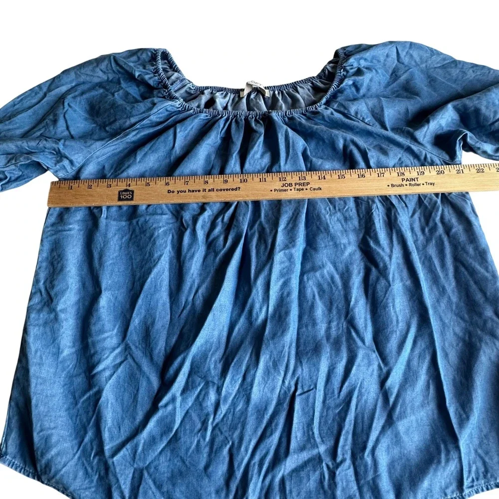 Loft Women's Blue Lyocell Chambray Puff Sleeve Scoop Neck Blouse Top Size S NWOT